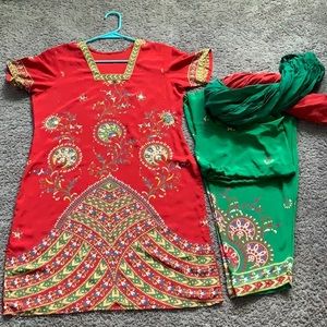 Red and green half sleeve silk shalwar kameez